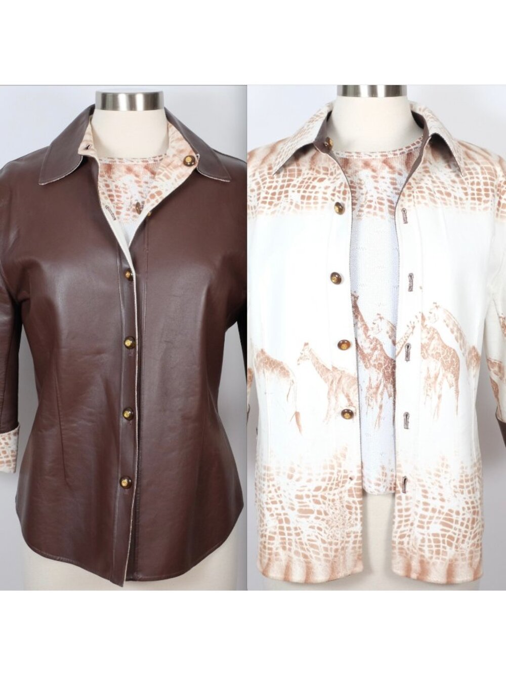 St John Reversible Leather Jacket sz M Giraffe Animal Print 3 piece set vest top